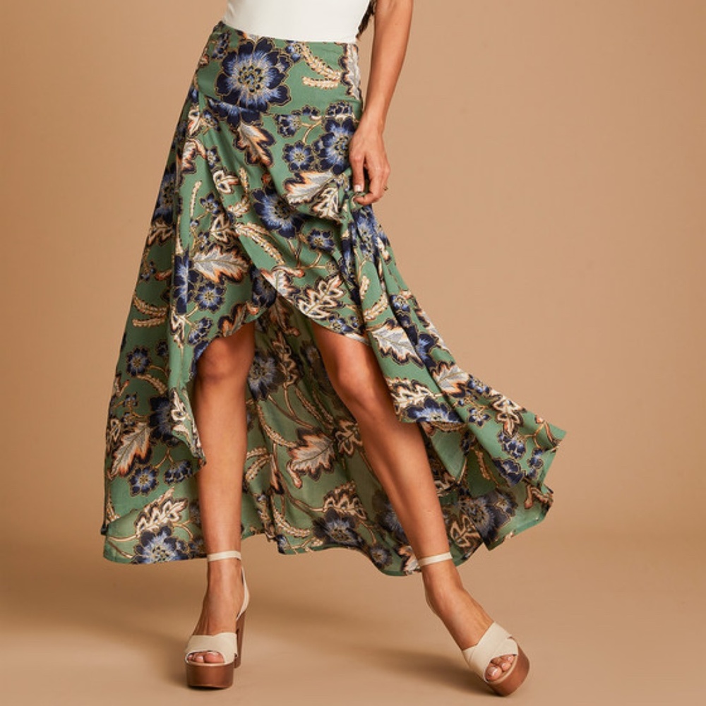 Oneill Ambrosio Skirt Green Floral High-Low Maxi Skirt Size Small